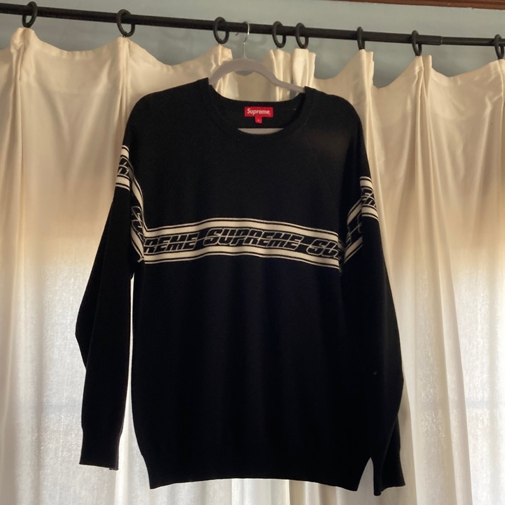 Supreme Black Crewneck Sweater with Geometric Stripe